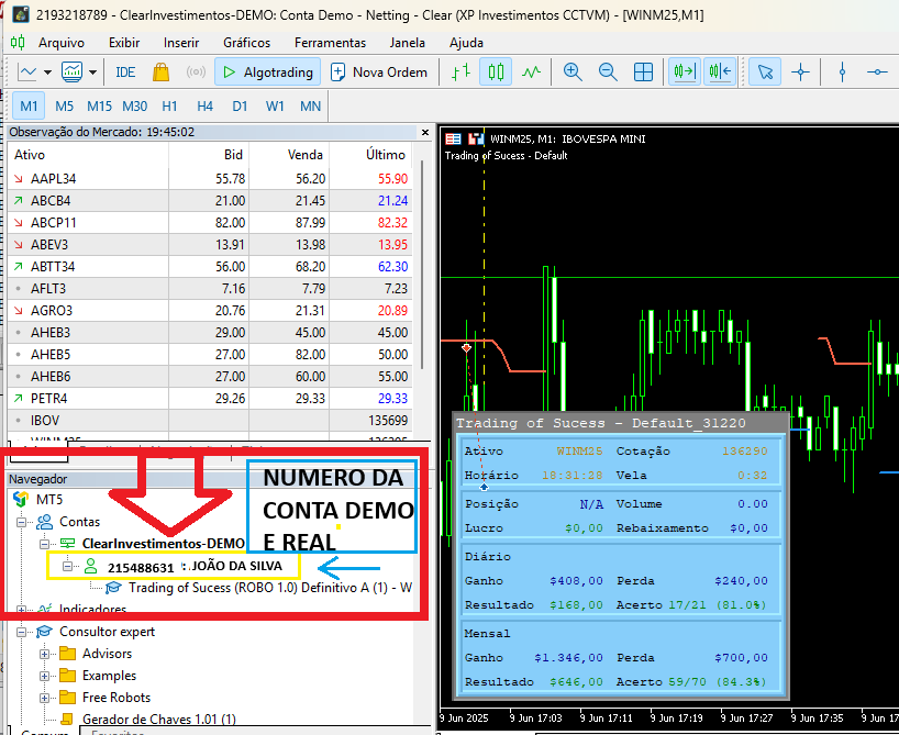 Exemplo da conta demo no MetaTrader